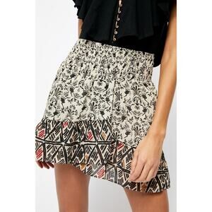 Free People Riviera Cotton Mini Skirt Ruffle Geometric Brown Neutral Smocked L
